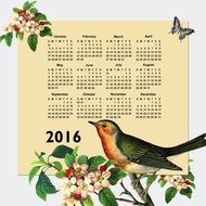 Calendar 2016 on the background of a bird on a branch of apple