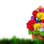 basket with flowers on grass, illustration