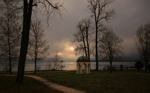 small chapel in a foggy park