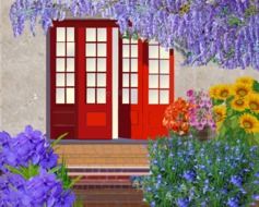 painted red entrance doors and a beautiful blooming garden