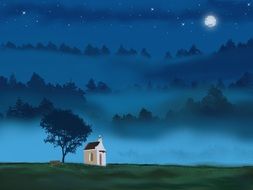 Moon blue night light landscape drawing