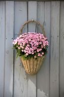 Wooden basket with the beautiful colorful flowers