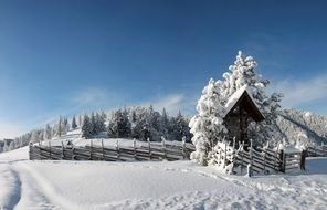 snowy village near the forest in winter