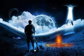 alien fire man abduction moon landscape