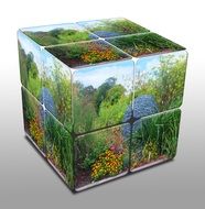 cube decorated with pictures of flowers and grass