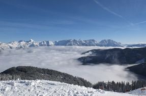 panorama of snowy mountains in the clouds