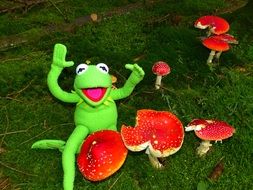 Figure of a green frog among poisonous mushrooms