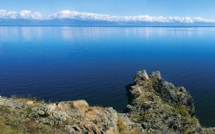 landscape of lake with blue water among the rocks