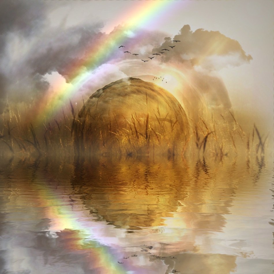 Landscape Picture of rainbow and pond