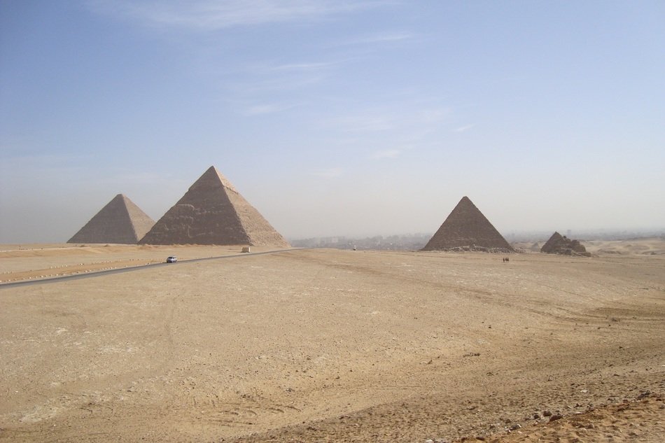 distant view of the pyramids in the desert