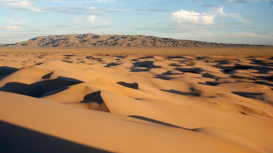 landscape of sand dunes in the desert at sunrise