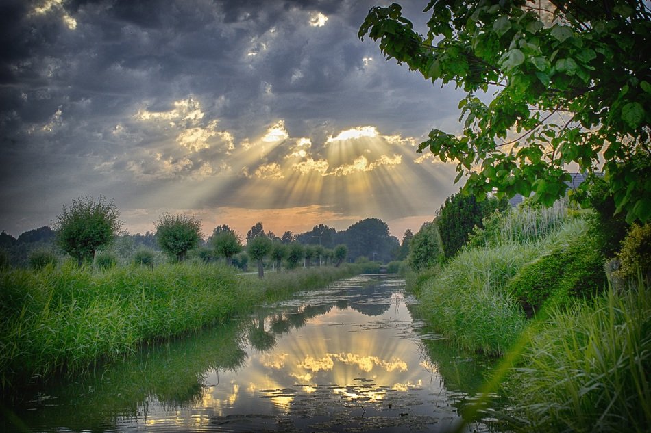 The Sun's colorful rays behind the clouds above the green shore on beautiful landscape