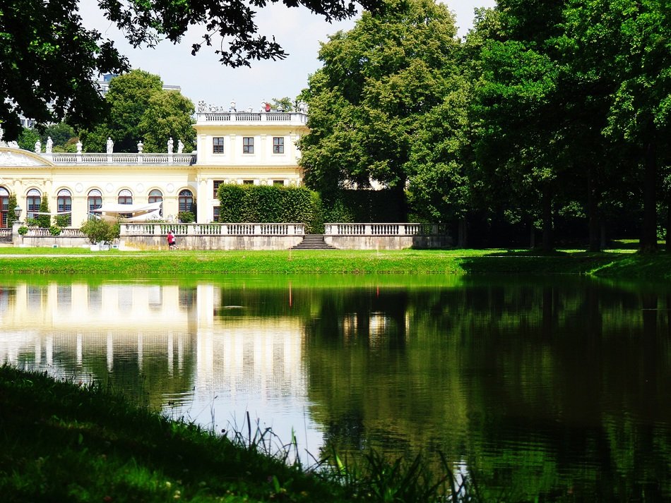 landscape of pond on the background of the palace