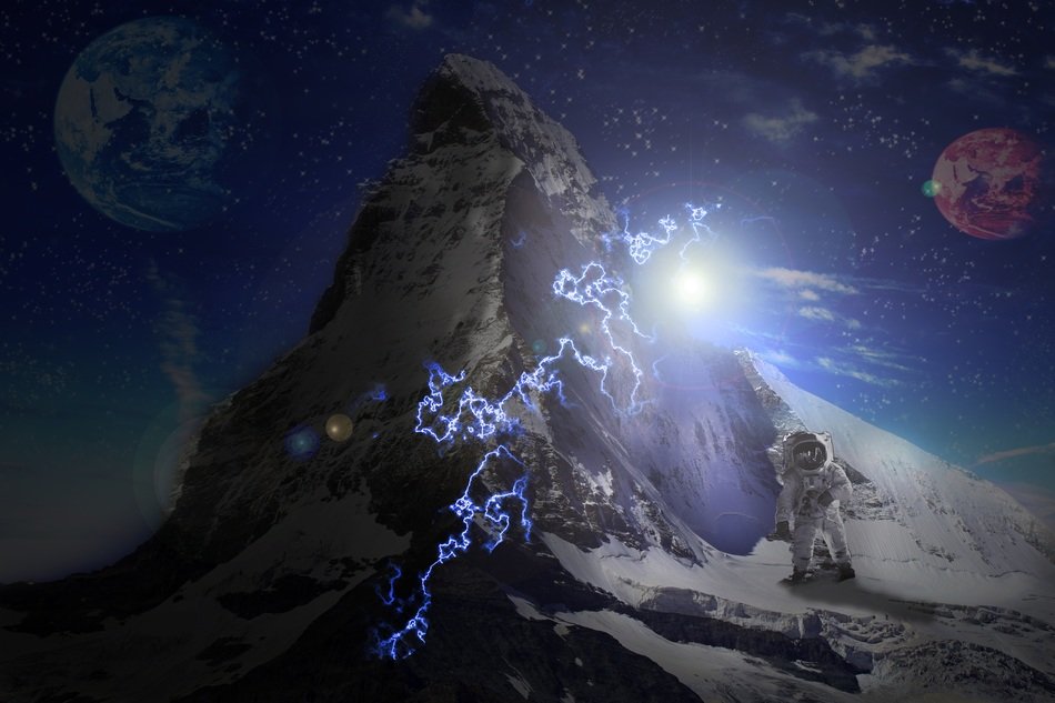 Beautiful and fantastic landscape with mountains in lightning and planets