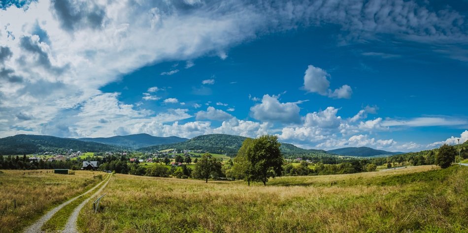 country road in field mountain panorama
