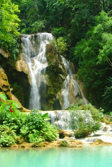 beautiful waterfall in the forest under the rays of the sun