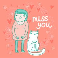 Cute cartoon card with girl and cat N4