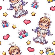 Vector seamless pattern with cartoon angels and gift boxes N4