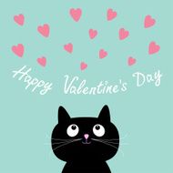 Pink hearts and cute cartoon cat Flat design Valentines day