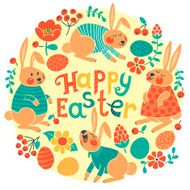 Happy Easter card with cute bunnies and colored eggs N4