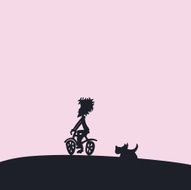 boy riding bike with running dog silhouette background