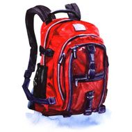 Red backpack standing isolated on white background