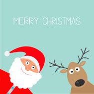 Cartoon Santa Claus and deer Merry Christmas card Flat design