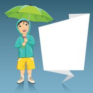 Little Boy Holding Umbrella Next To An Origami Banner