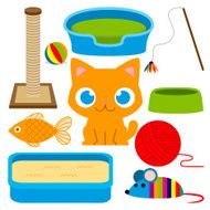 Cartoon Adorable Cat With Different Toys And Elements