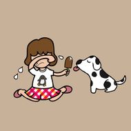 Girl cry and share ice cream with dog