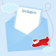 Blue invitation card with clouds and airplane stickers