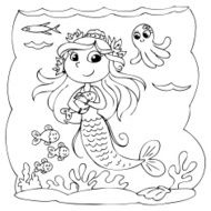 Coloring mermaid underwater with fishes