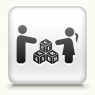 White Square Button with Two Children Playing Letter Blocks