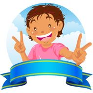 Teenage boy showing victory gesture with ribbon banner