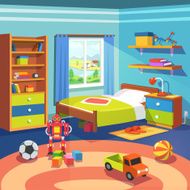 Boy room with bed cupboard and toys on the floor