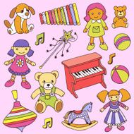 Hand drawn colorful doodle girls toys set Vector illustration