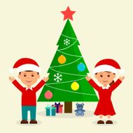 Boy and girl finding gift boxes under fir tree