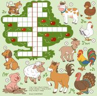 Vector color crossword education game about farm animals