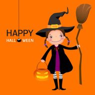 Halloween witch cute girl with broomstick and pumpkin