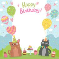 Happy Birthday card background with dog and cat