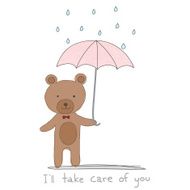 brown bear holding pink umbrella with rain hand drawn style