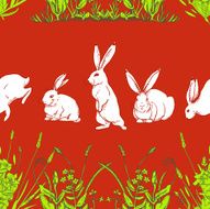 Seamless pattern with rabbits and flowers herbs