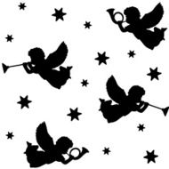 Christmas seamless pattern with silhouettes of angels trumpets and stars