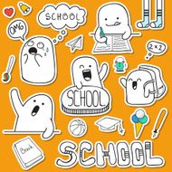 Set sticker doodle characters and school supplies