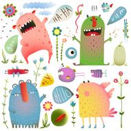 Fun Cute Monsters for Kids Design Colorful Collection with Flowers