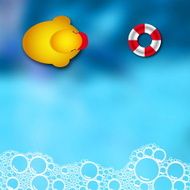 Soap bubble bath on blue background with duck N2