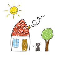 Vector Children Drawing of a House Tree Sun and Cat