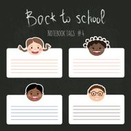 Vector set of school tags for notebooks with chlidren&#039;s smiles N4