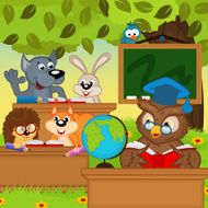 animals sit at school desks in forest
