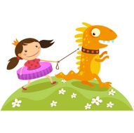 Cute girl walks with her friend monsters